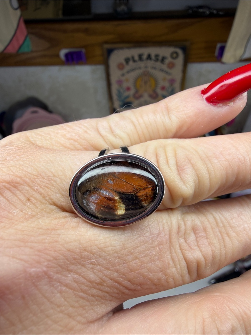 Silver Adjustable Ring with Brown and Black butterfly wing encased inside